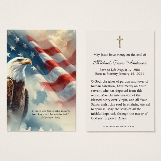 Carte de prière funéraire patriotique drapeau amér (Devant & derrière)