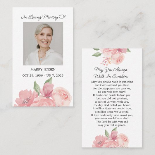 Carte de prière funéraire rose (Devant / Derrière)
