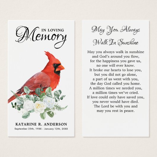 Carte de prière funéraire Rose du cardinal commémo (Devant & derrière)
