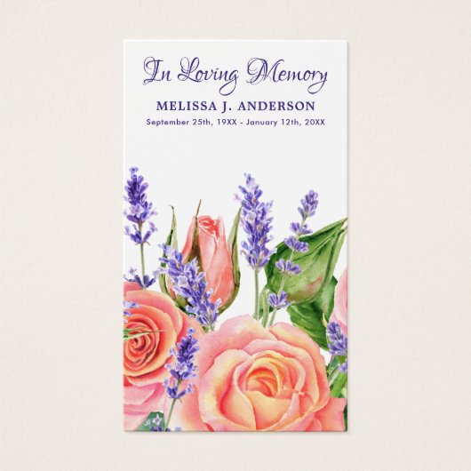 Carte de prière funéraire Rose Memorial Lavender (Devant)