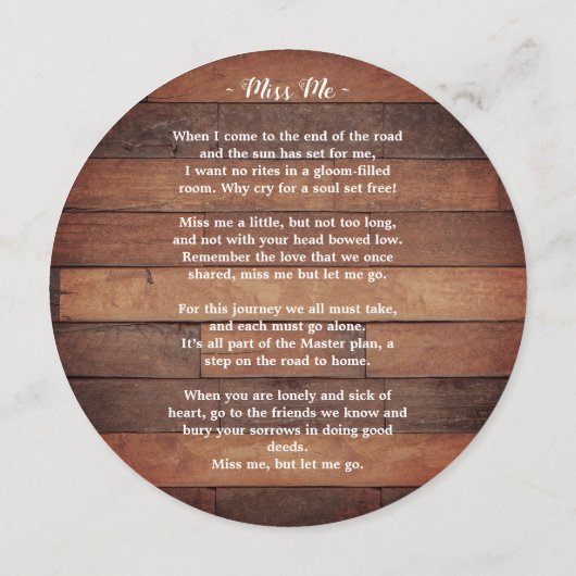 Carte de prière funéraire Rustique (Dos)