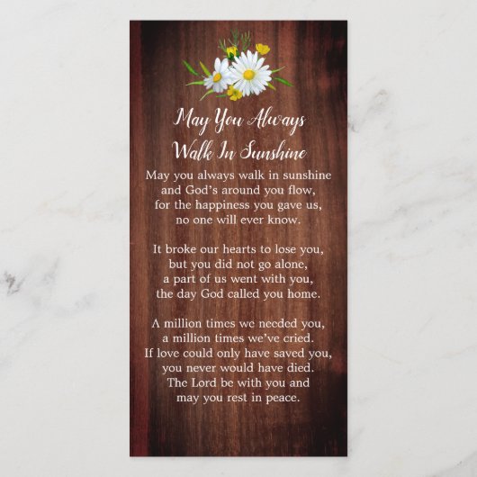 Carte de prière funéraire Rustique Floral (Dos)