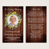 Carte de prière funéraire Rustique Memorial Sunflo (Devant & derrière)