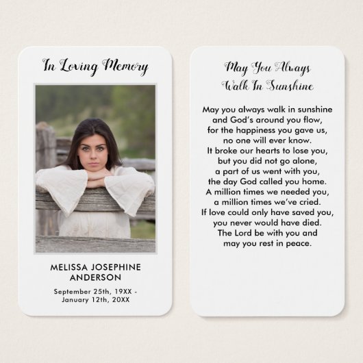 Carte de prière funéraire simple avec photo commém (Devant & derrière)