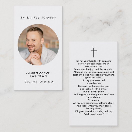 Carte de prière funéraire simple avec photo commém (Devant / Derrière)