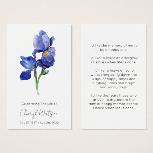 Carte de prière funéraire simple pour Iris (Devant & derrière)