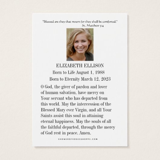 Carte de prière funéraire Vierge Marie Mémoire (Dos)