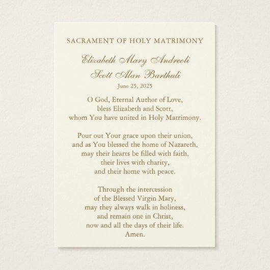 Carte de prière Mariage catholique Croix d'or (Dos)
