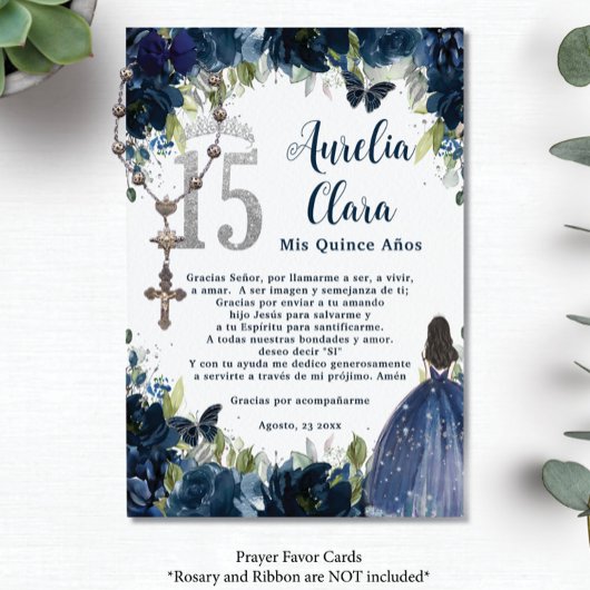 Carte de prière Marine Blue Floral Silver Quinceañ