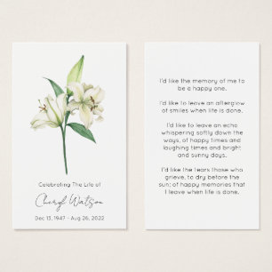 Carte de prière mémorielle funéraire Simple Lily