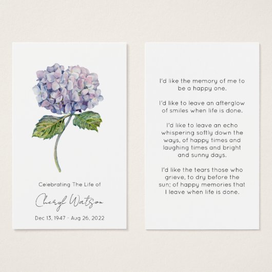 Carte de prière mémorielle simple hydrangea pour f (Devant & derrière)