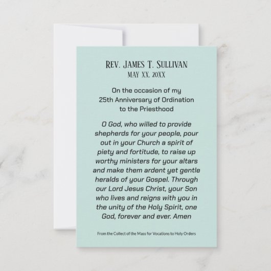 Carte de prière Nom 25e anniversaire d'ordination  (Dos)