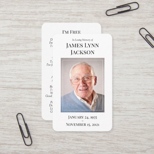 Carte de prière photo commémorative - Je suis libr (Devant/Arrière en situation)