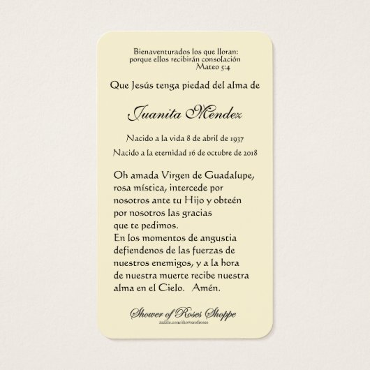 Carte de prière religieuse de la Vierge espagnole  (Dos)