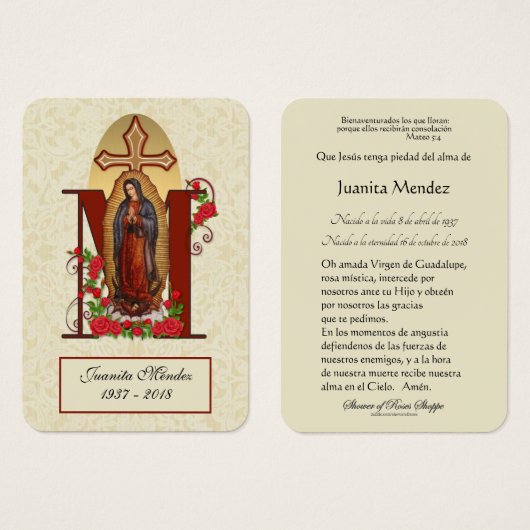 Carte de prière religieuse Rose Vierge espagnole (Devant & derrière)