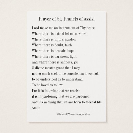 Carte de prière Saint François (Dos)