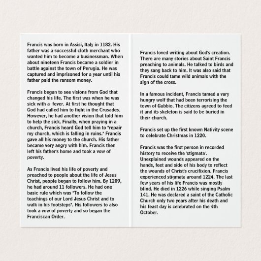 Carte de prière Saint François d'Assise (Intérieur déplié)