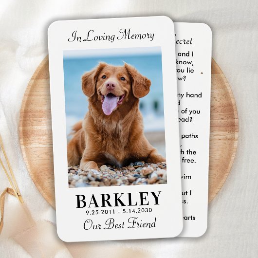 Carte de prière simple Pet Memorial Photo Sympathy