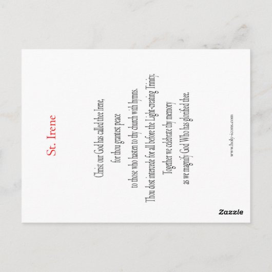 Carte de prière St. Irène (Dos)