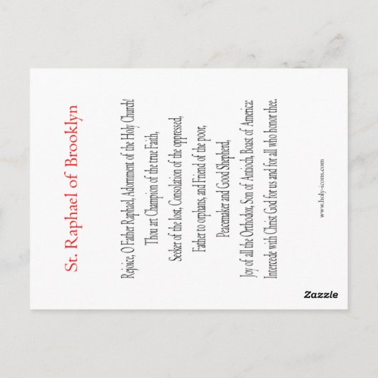 Carte de prière St Raphael de Brooklyn (Dos)