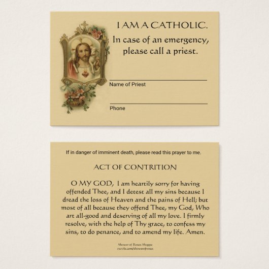 Carte de prière traditionnelle catholique d'urgenc (Devant & derrière)