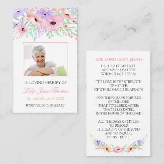 Carte de prières funéraires couleur rose (Devant / Derrière)