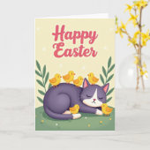 Carte de printemps avec un chat endormi (Fleur jaune)