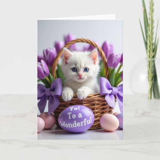 Carte de printemps avec un panier de chaton mignon (Devant)