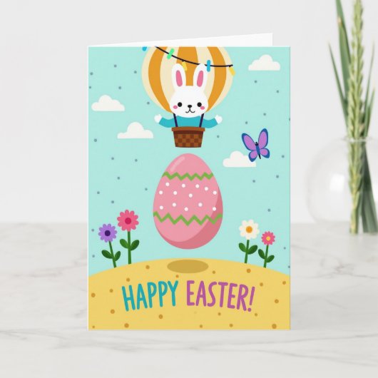 Carte de printemps joyeuse avec lapin et ballon (Devant)