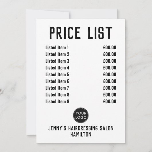 Carte de prix Barshop ou Coiffeur (Devant)