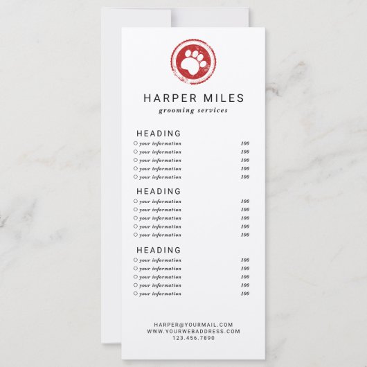 Carte de prix ou carte de services du fabricant de (Devant)