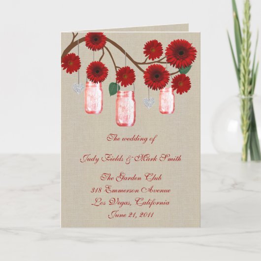 Carte de programme Burlap Rustic Red Mason Jars (Devant)