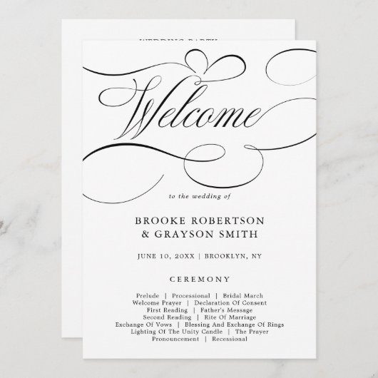 Carte de programme calligraphie moderne noire inte (Devant / Derrière)