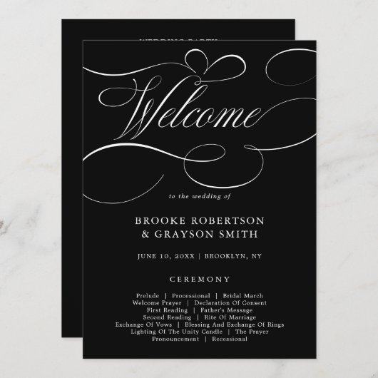 Carte de programme calligraphie moderne noire inte (Devant / Derrière)