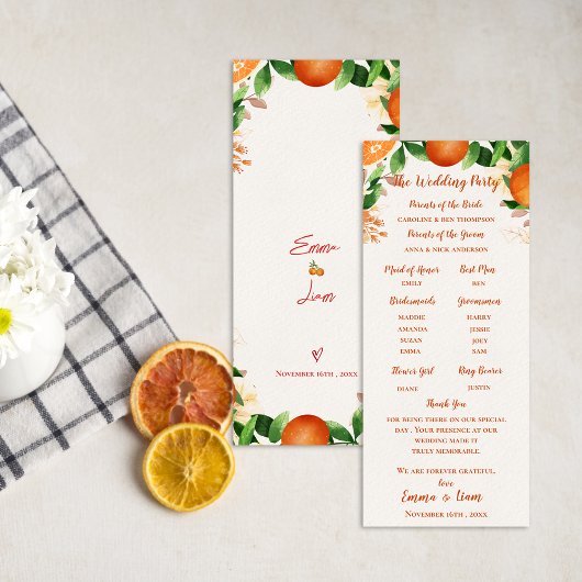 Carte de programme de cérémonie de mariage orange