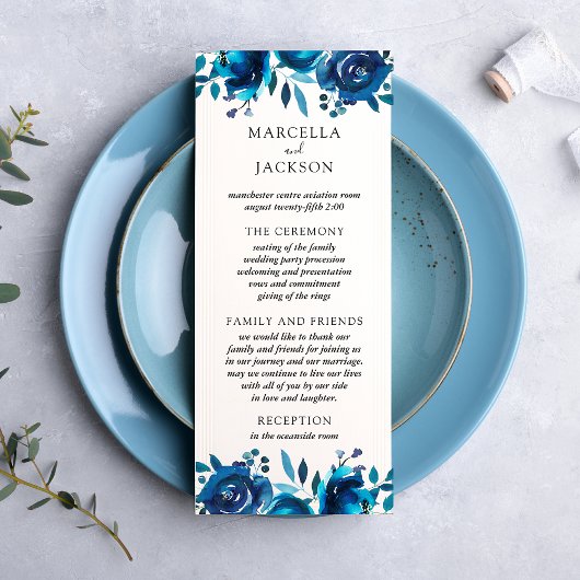 Carte de programme de mariage à fleurs indigo