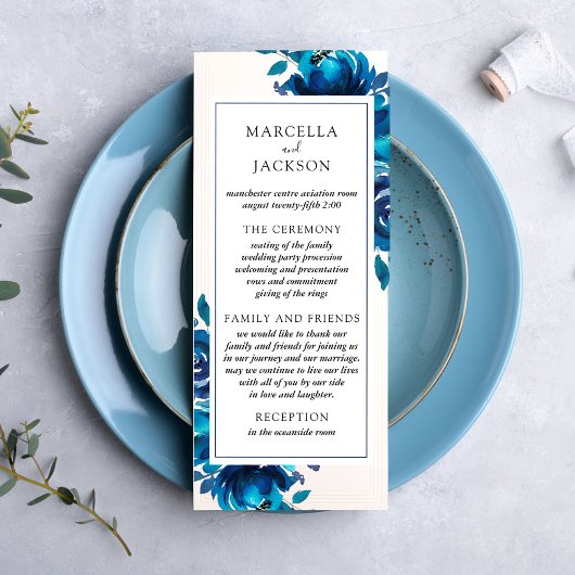Carte de programme de mariage à fleurs indigo