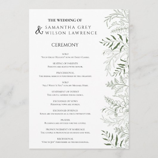 Carte de programme de mariage à la verdure botaniq (Devant)