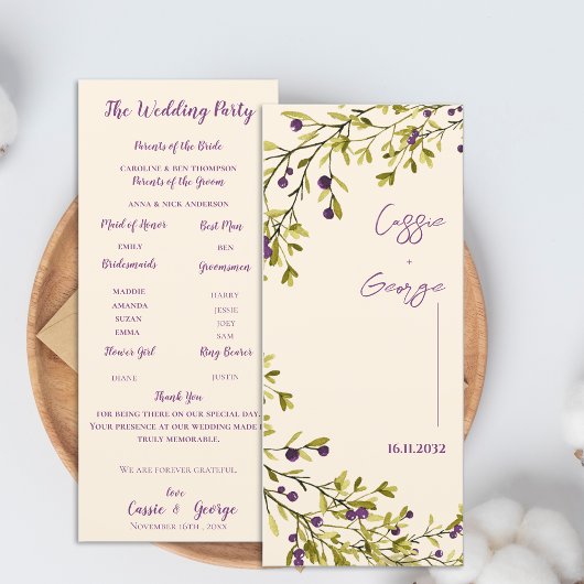 Carte de programme de mariage aux baies violettes