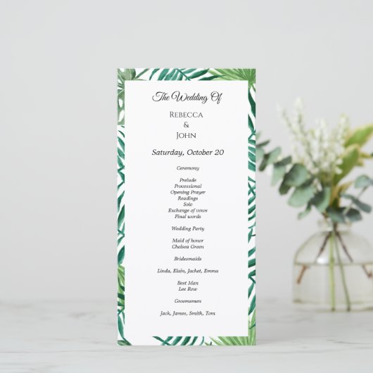 Carte de programme de mariage aux feuilles d'aquar (Debout devant)