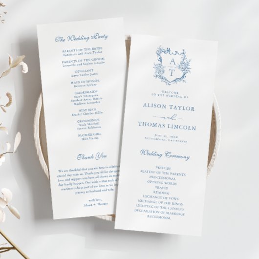 Carte de programme de mariage bleu vibrant à monog