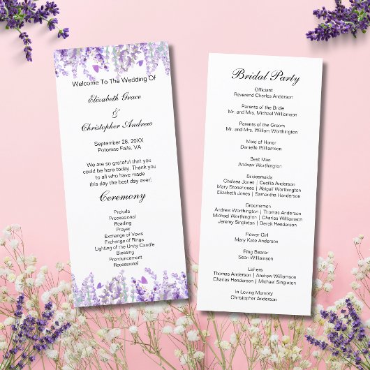 Carte de programme de mariage botanique floral lav