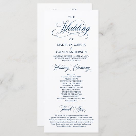 Carte de programme de mariage classique (Devant / Derrière)