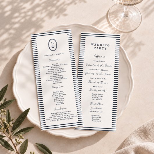 Carte de programme de mariage classique à rayures