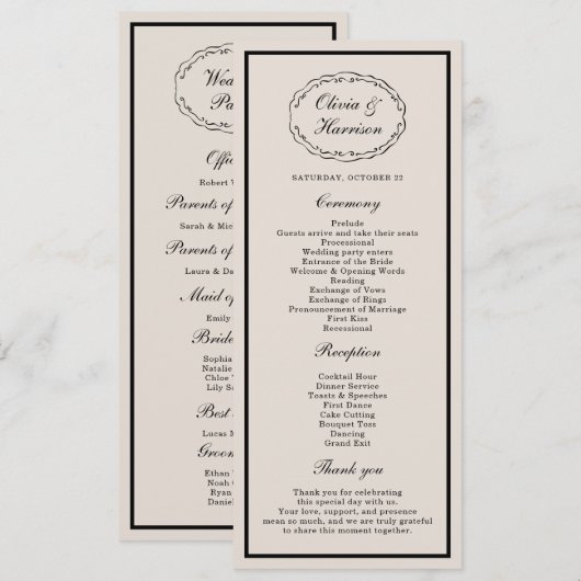 Carte de programme de mariage classique en tenue d (Devant / Derrière)