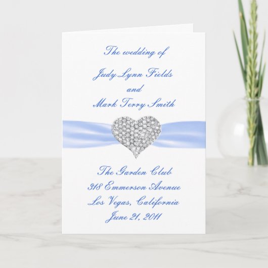 Carte de Programme de Mariage Cœur de Diamant Bleu (Devant)