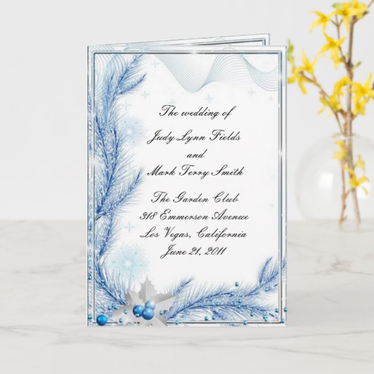 Carte de programme de mariage d'hiver au pin bleu  (Fleur jaune)