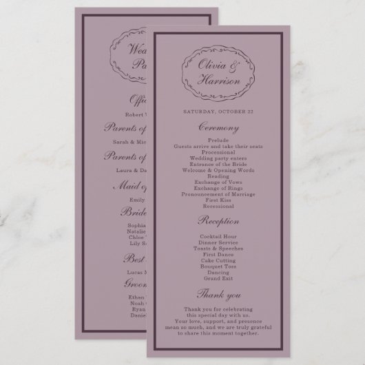 Carte de Programme de Mariage Élégante Mauve Prune (Devant / Derrière)