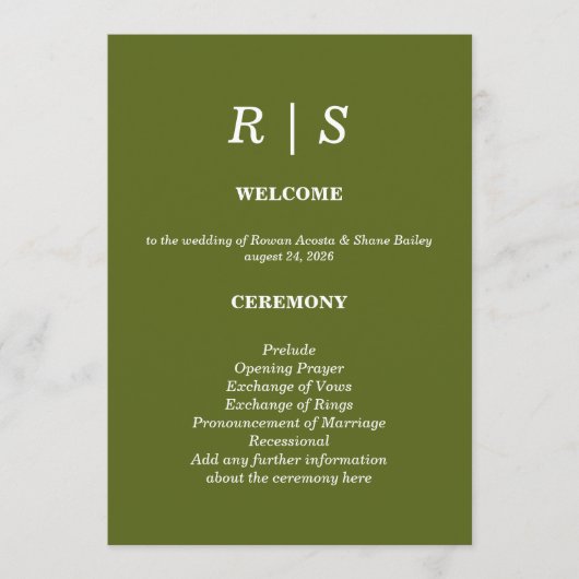 Carte de programme de mariage élégante vert sauge (Devant)