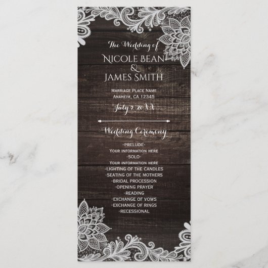 Carte de programme de mariage en bois rustique fon (Devant)